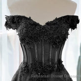 A-Line Off Shoulder Black Tulle With Lace Party Dress, Black Long Semi Formal Prom Dress